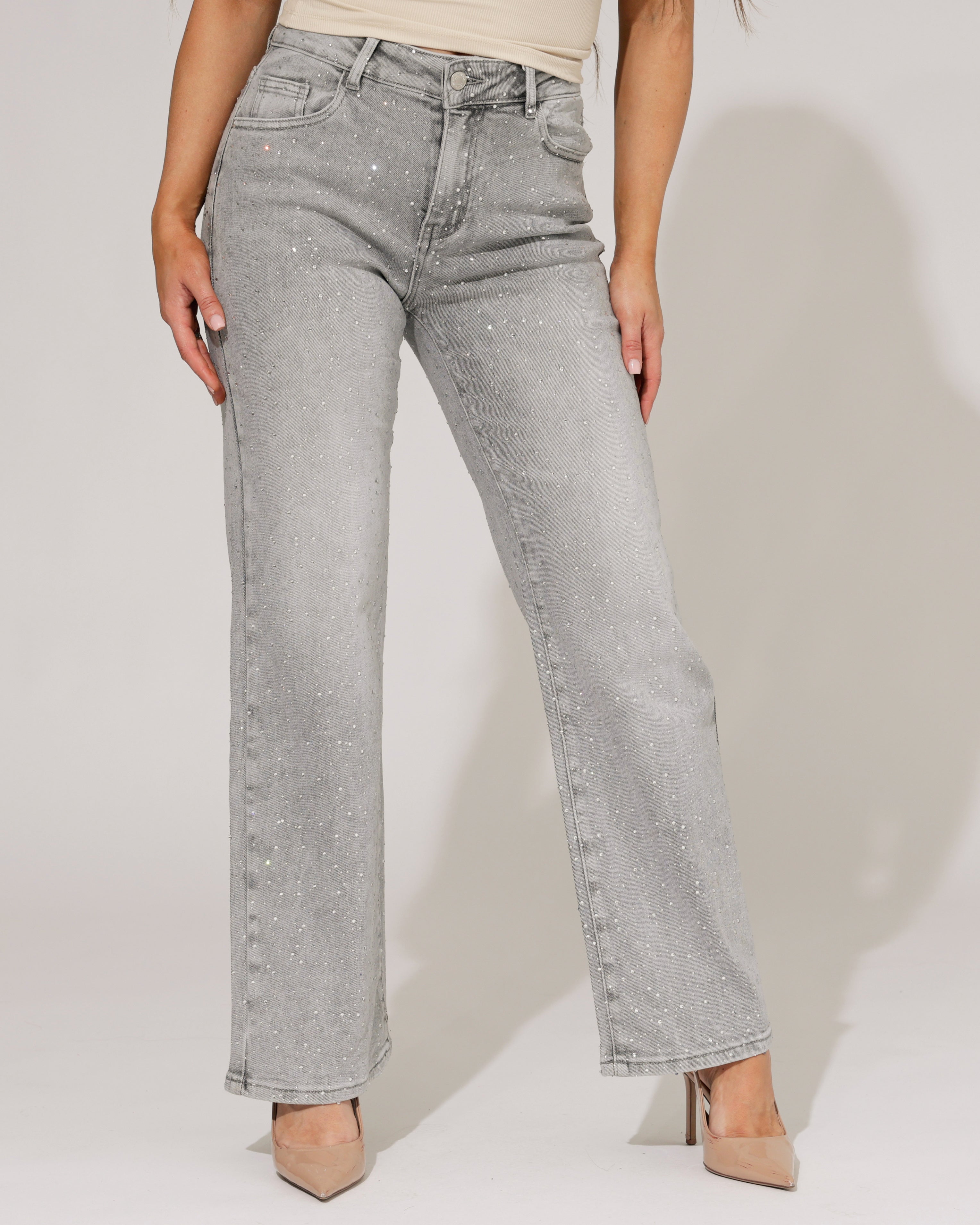 Hello Miss | Wide leg jeans met stras Simone-6 Grijs