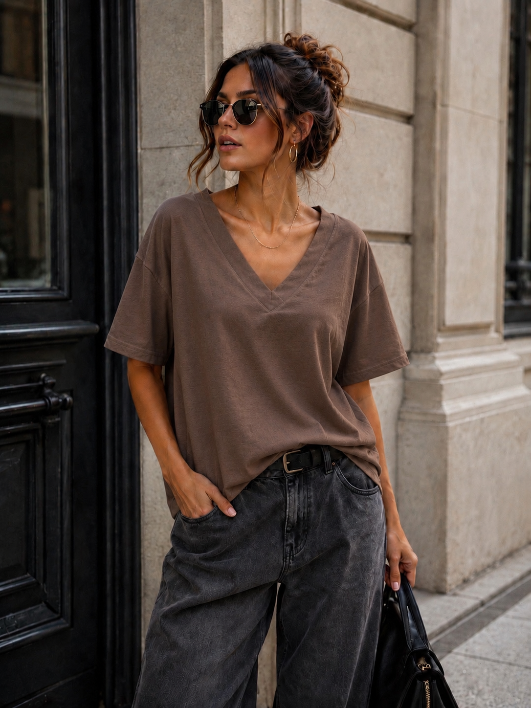 Basic T-shirt V-hals Milly in donkerbruin