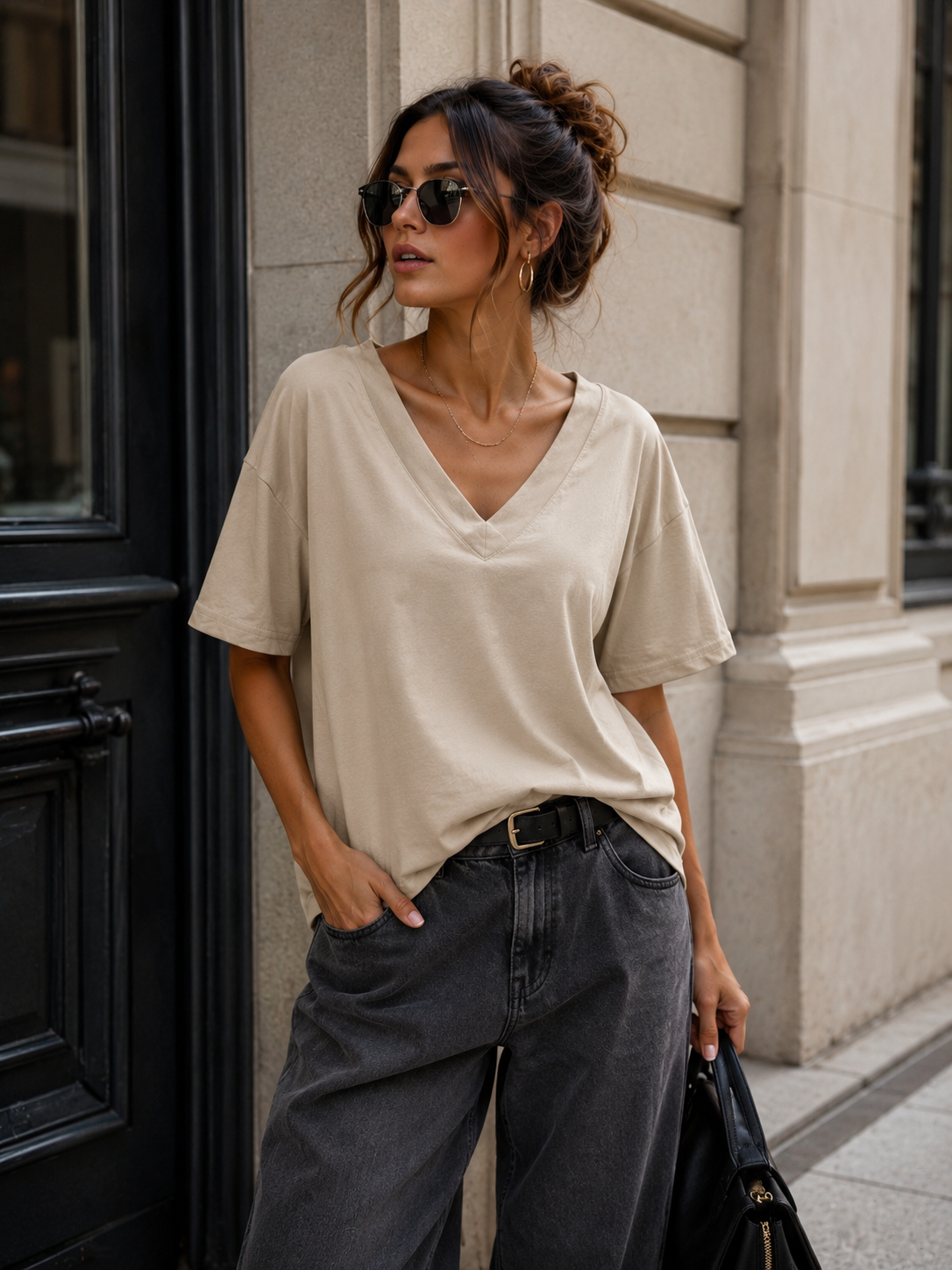 Basic T-shirt V-hals Milly in taupe