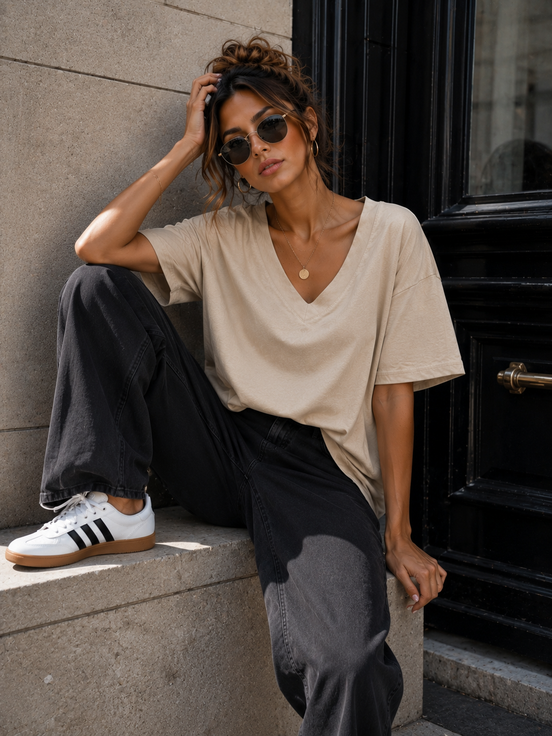 Basic T-shirt V-hals Milly in taupe, extra aanzicht 2