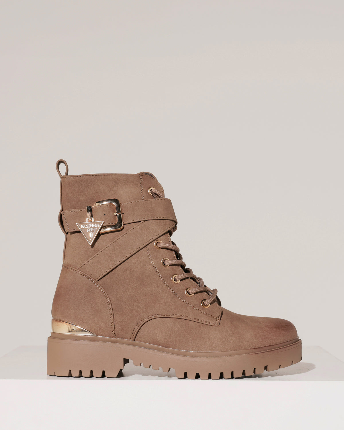 Bikerboot met goudkleurige gesp Lexi in taupe