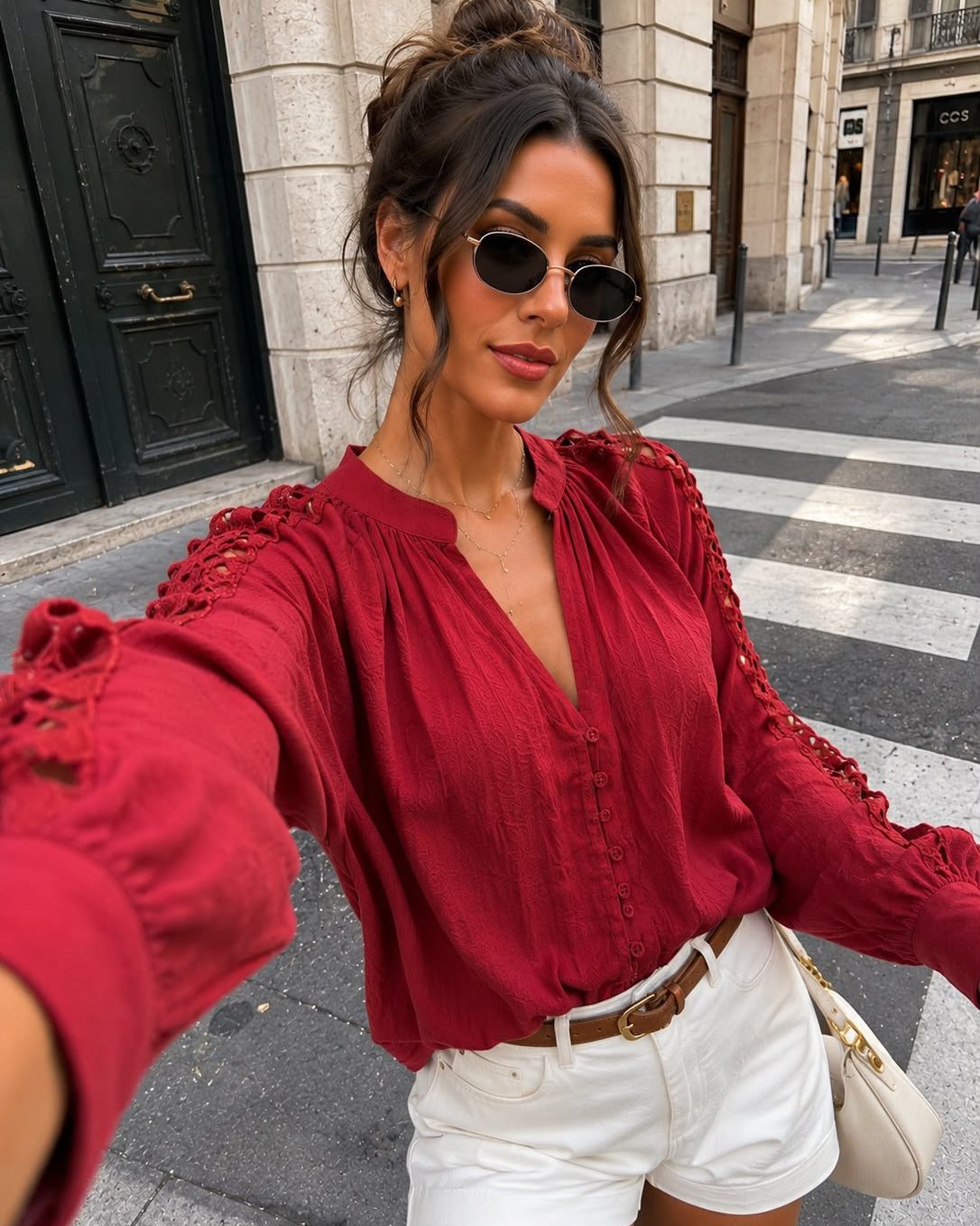 Blouse met open mouwen Nataly in bordeaux