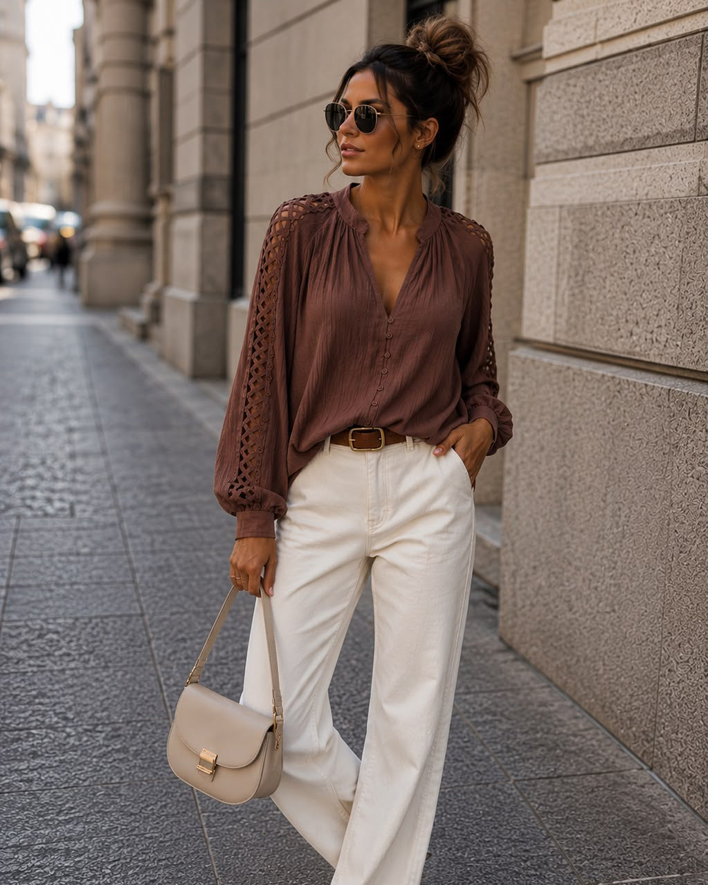 Blouse met open mouwen Nataly in bruin