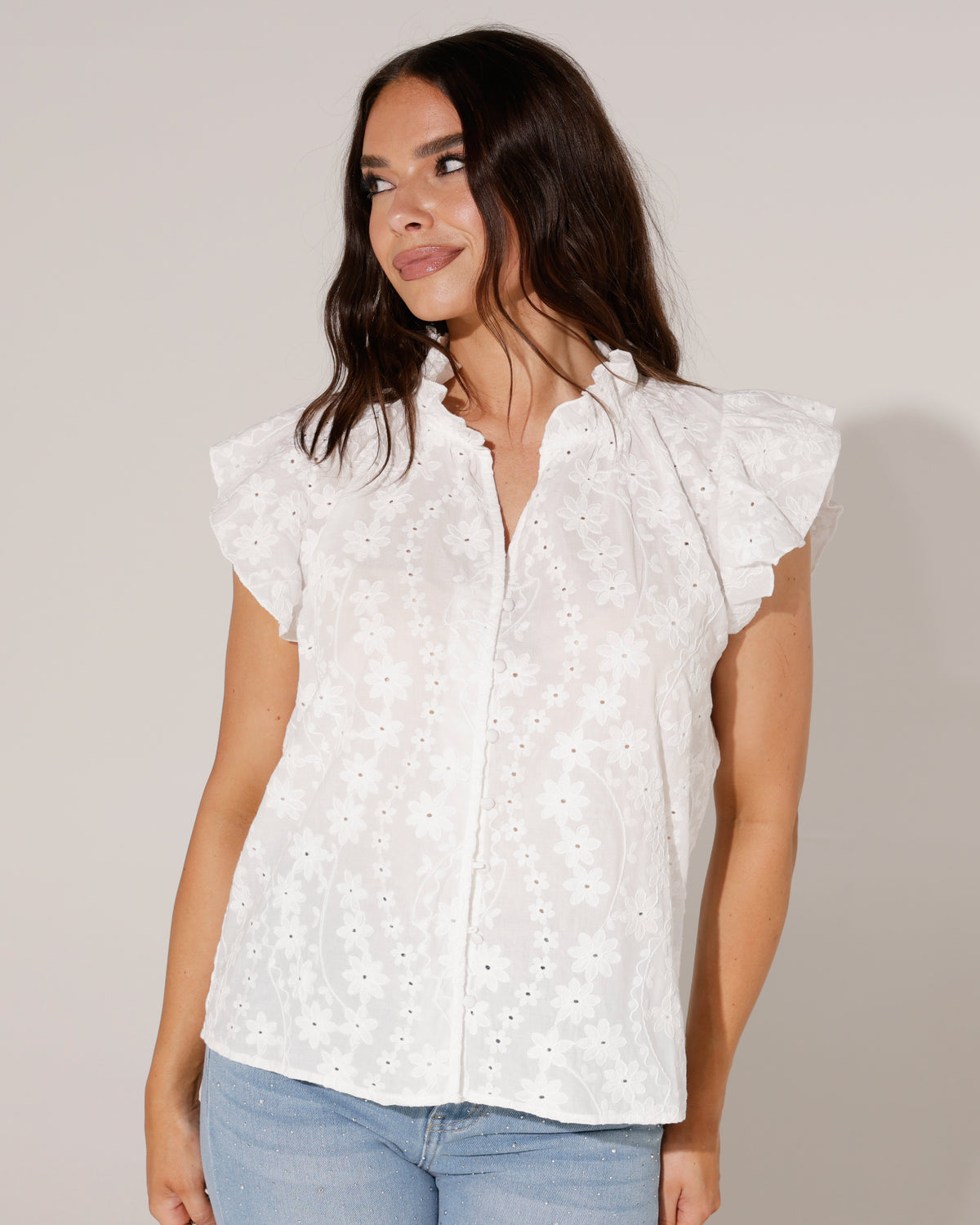 Broderie blouse met ruchekraag Skye in wit