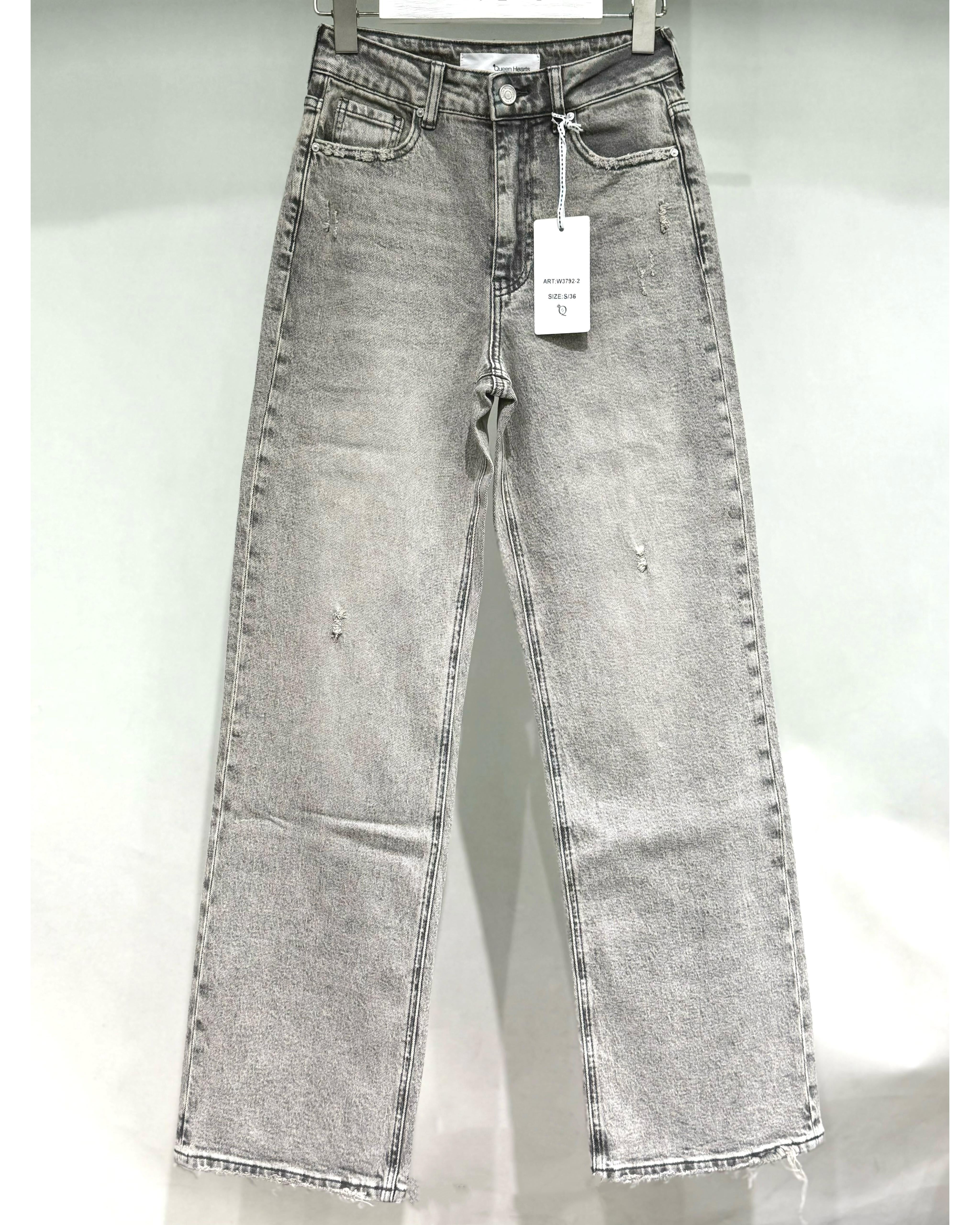 Lichtgrijze wide leg jeans dames met ripped details Queen Hearts - voorkant