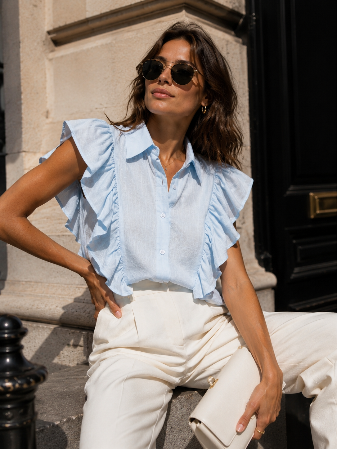 Effen blouse Marly in lichtblauw, extra aanzicht 2