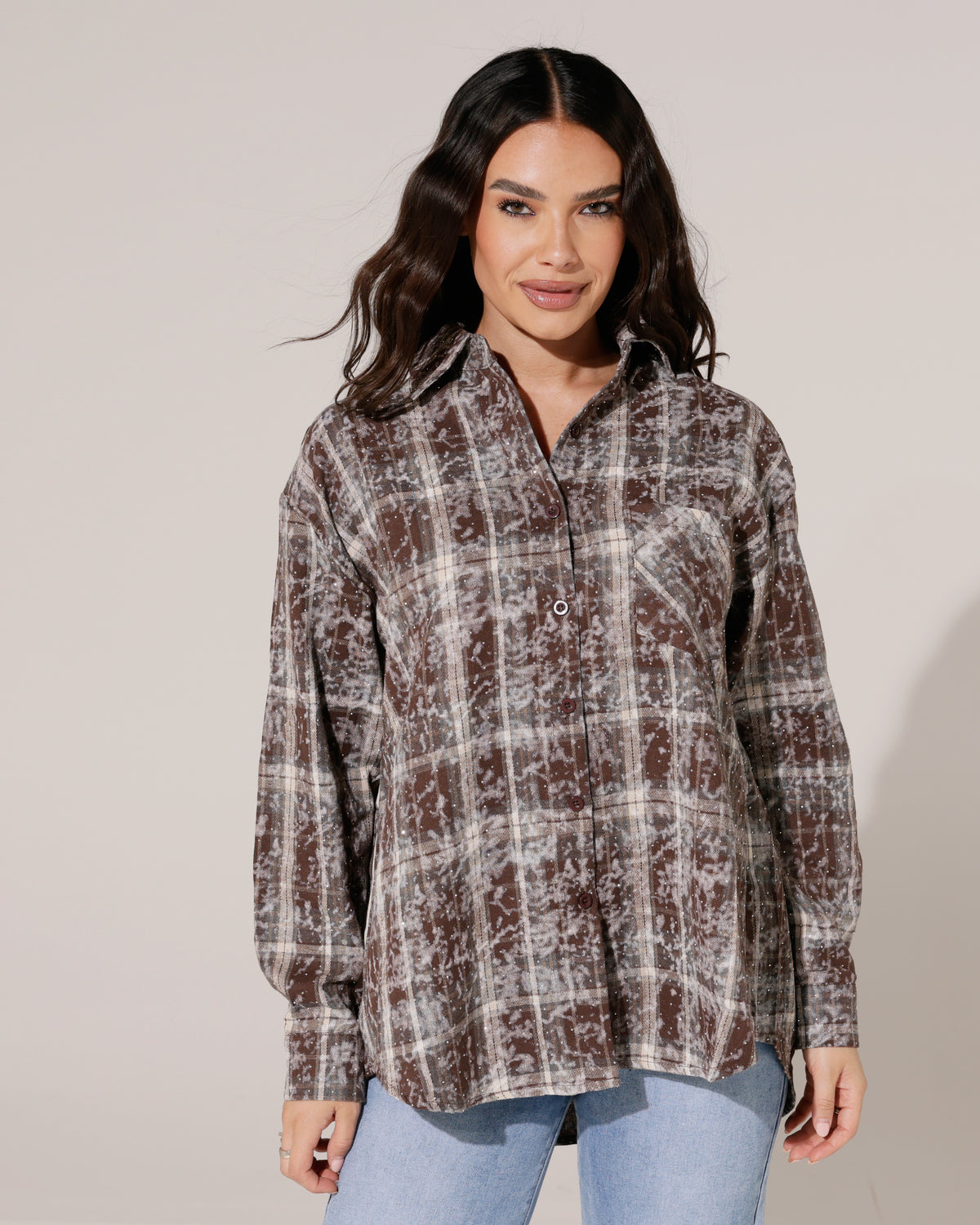 Geruite blouse met strass Simone in donkerbruin