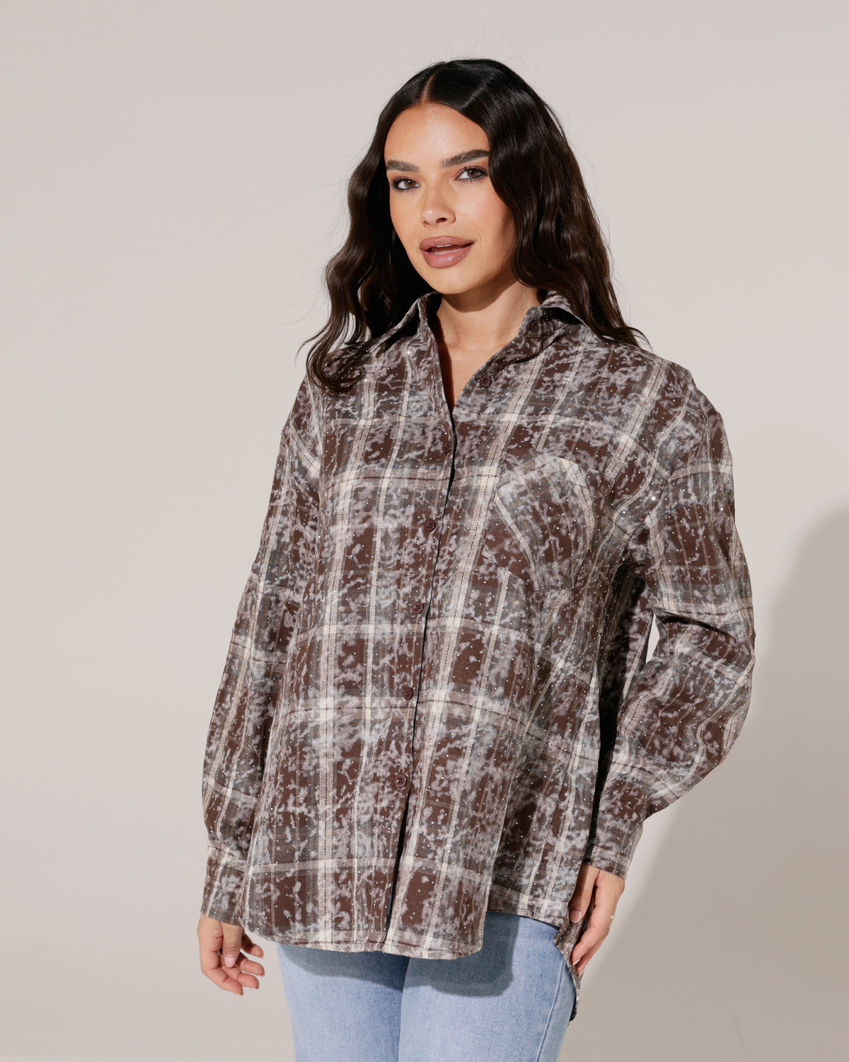 Geruite blouse met strass Simone in donkerbruin, extra aanzicht 3