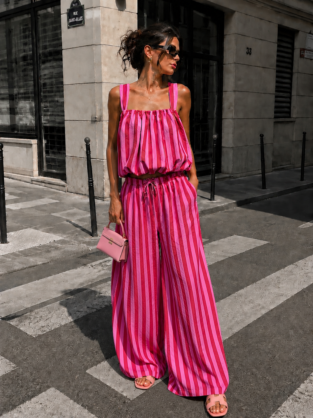 Gestreept co-ord set Estelle in fuchsia