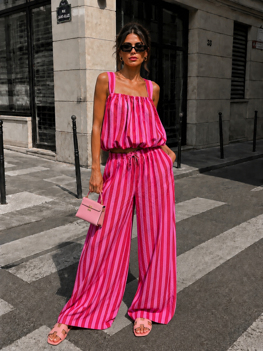 Gestreept co-ord set Estelle in fuchsia, extra aanzicht 3