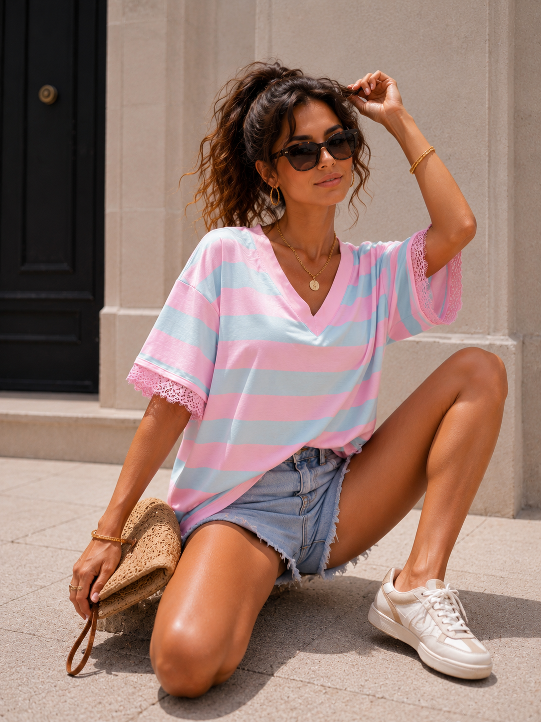 Gestreept T-shirt kanten detail Evie Blauw/ in lichtroze