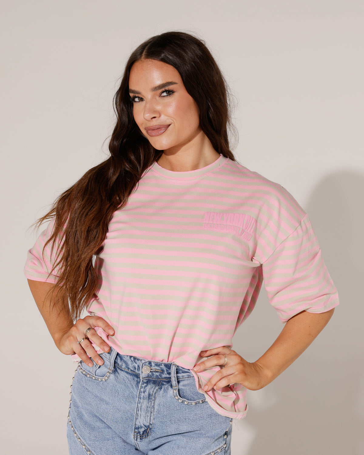 Gestreept T-shirt New York Broadway in roze