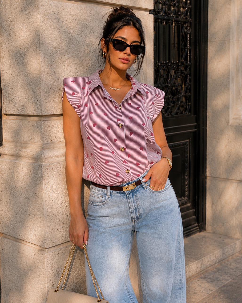 Gestreepte mouwloze blouse met hartjes Ivy in bordeaux