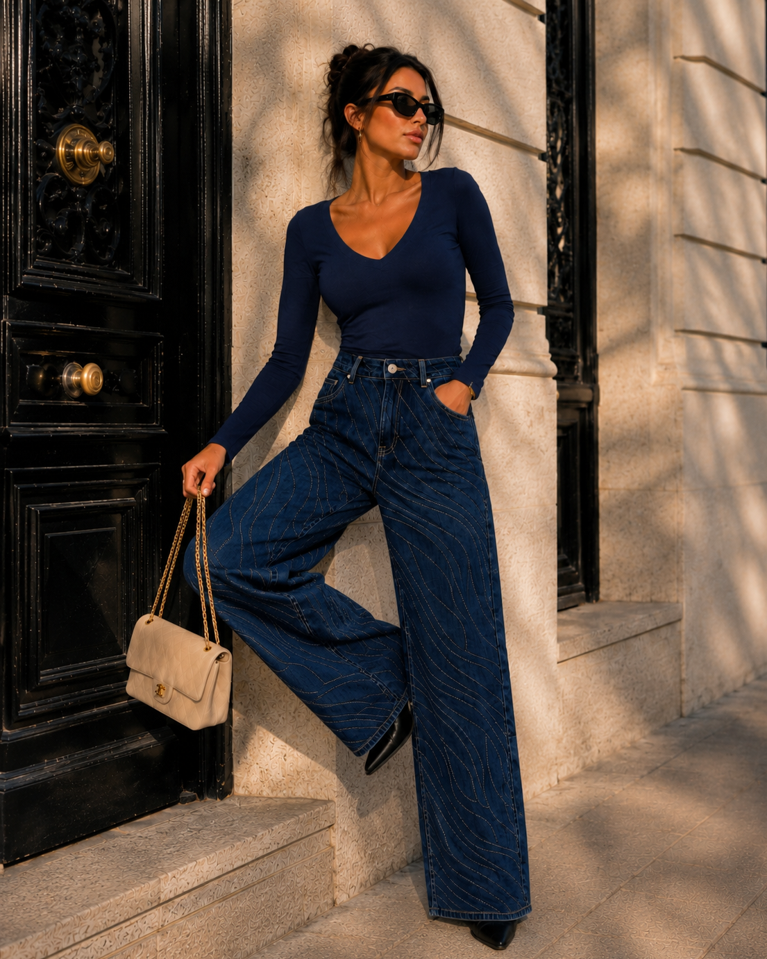 Goodies Wide leg jeans met strass Kim in donkerblauw, extra aanzicht 2