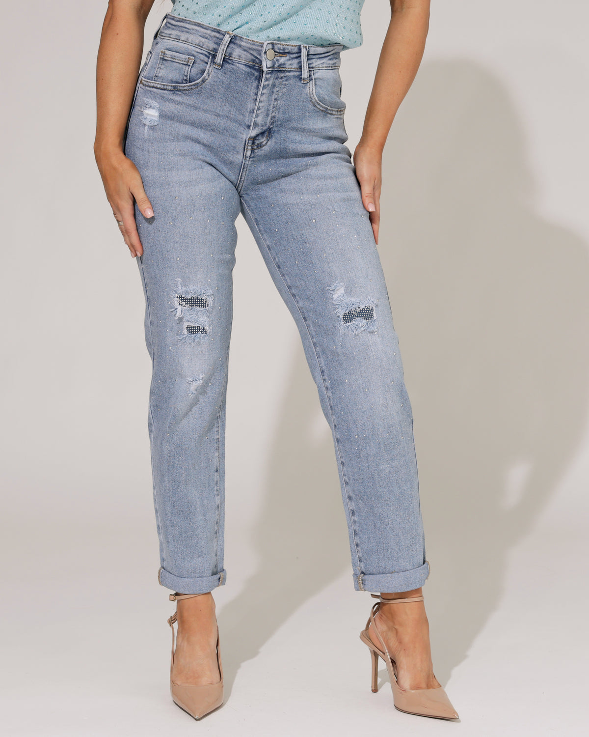 Hello Miss Mom jeans strass Senny in blauw