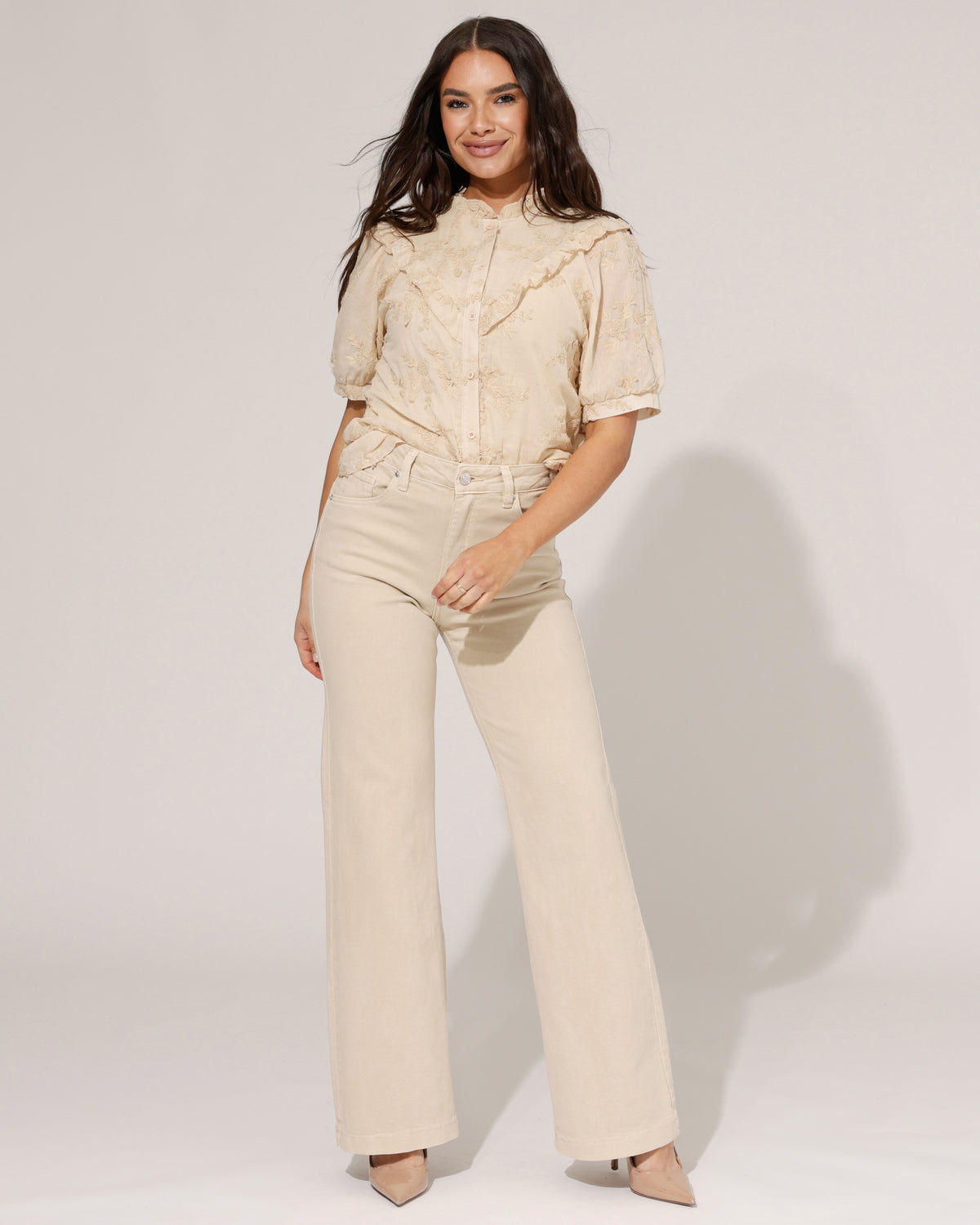 Jewelly Wide leg jeans Jonna-3 in beige, extra aanzicht 2