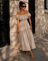 Off-shoulder jurk met broderie Bibi Taupe
