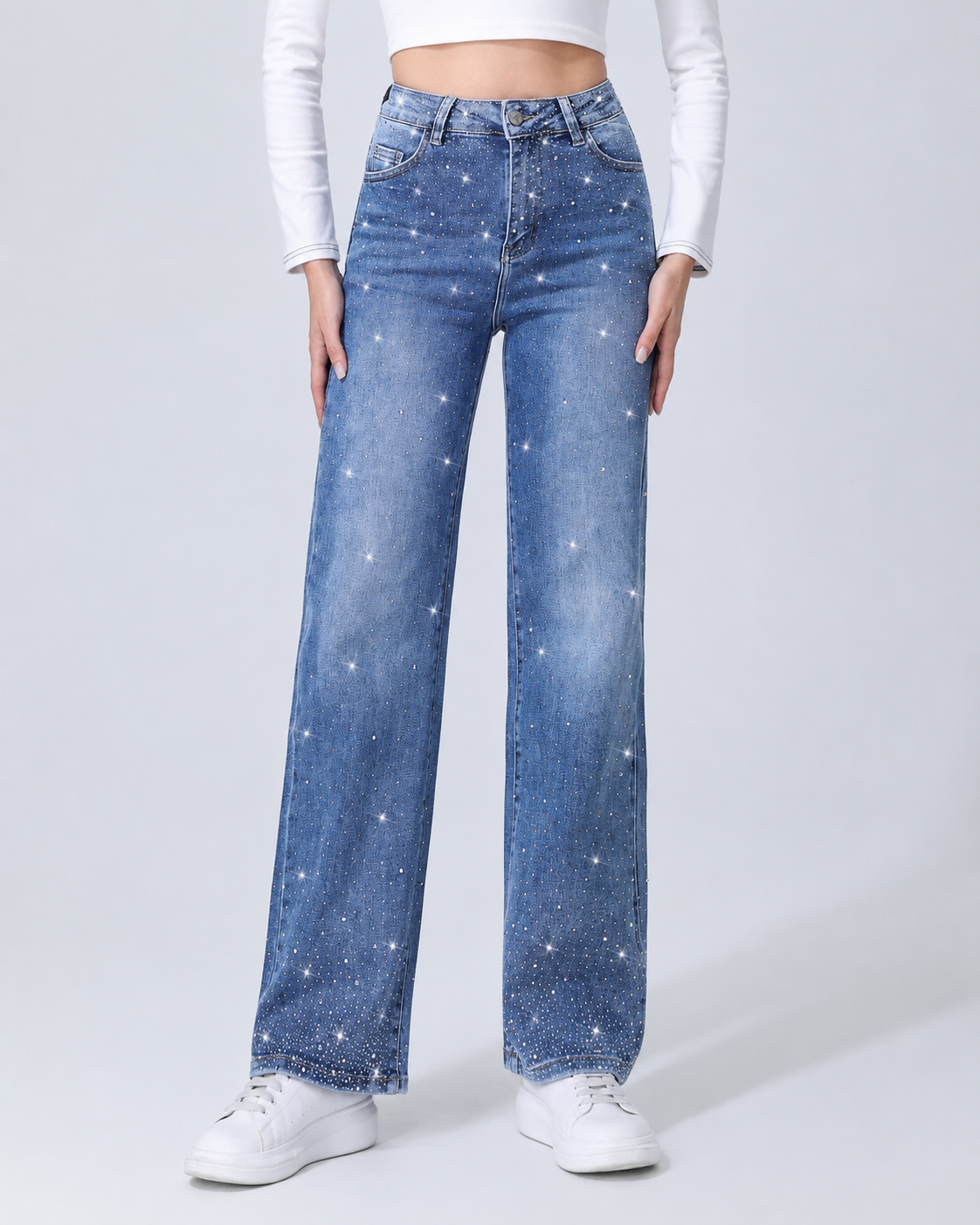 Hello Miss | Wide leg jeans met strass Kella-3 Donkerblauw