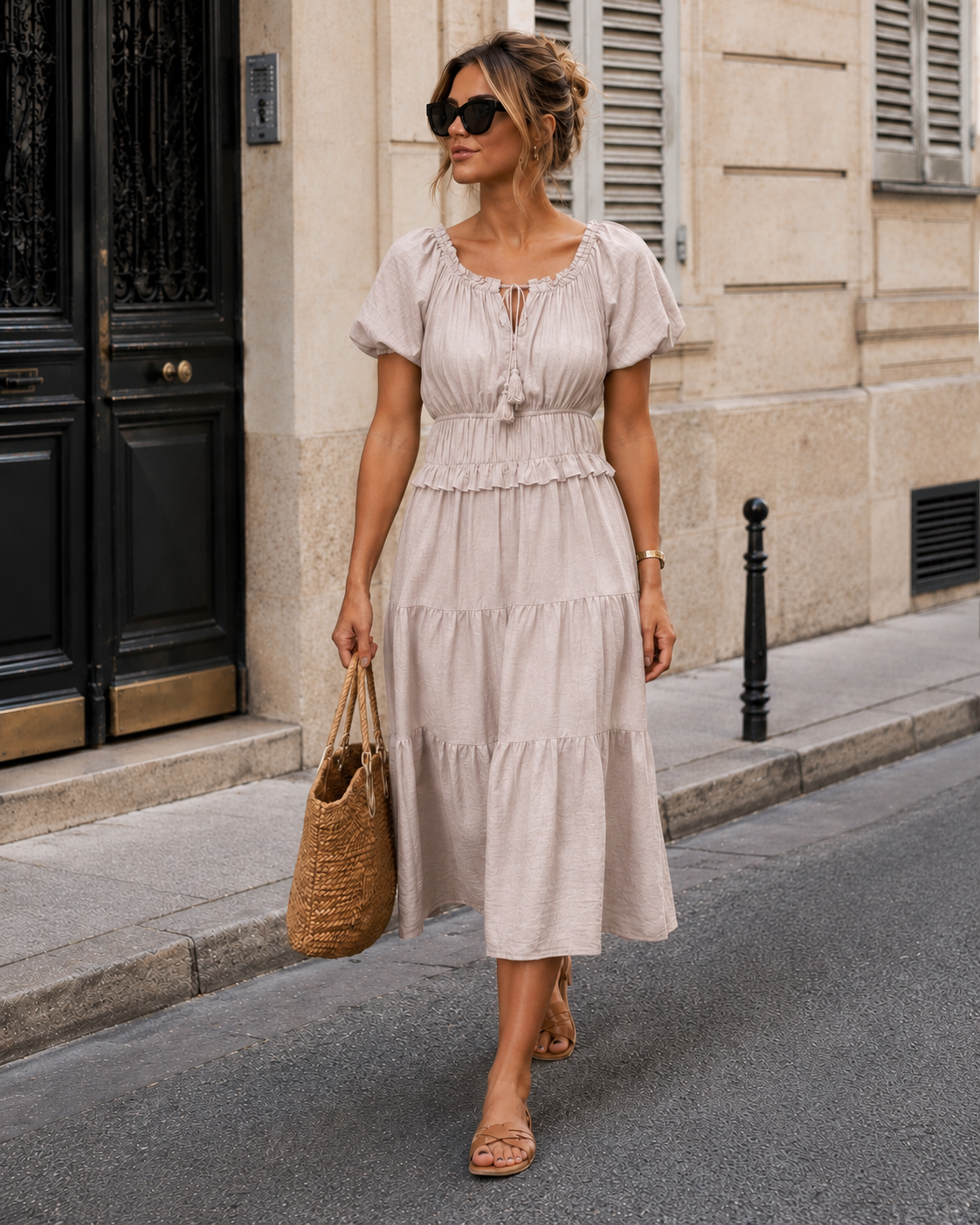 Off-shoulder jurk Noor in beige