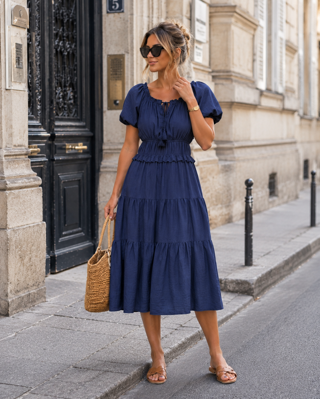 Off-shoulder jurk Noor in donkerblauw
