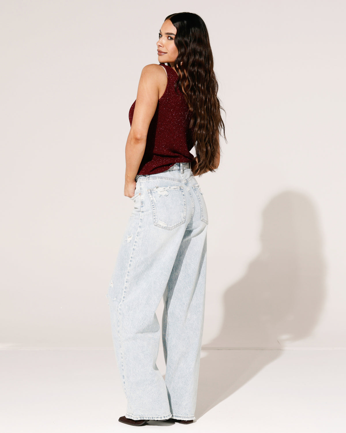 Queen Hearts Baggy wide leg jeans met omslag Deb-1 in lichtblauw, extra aanzicht 5