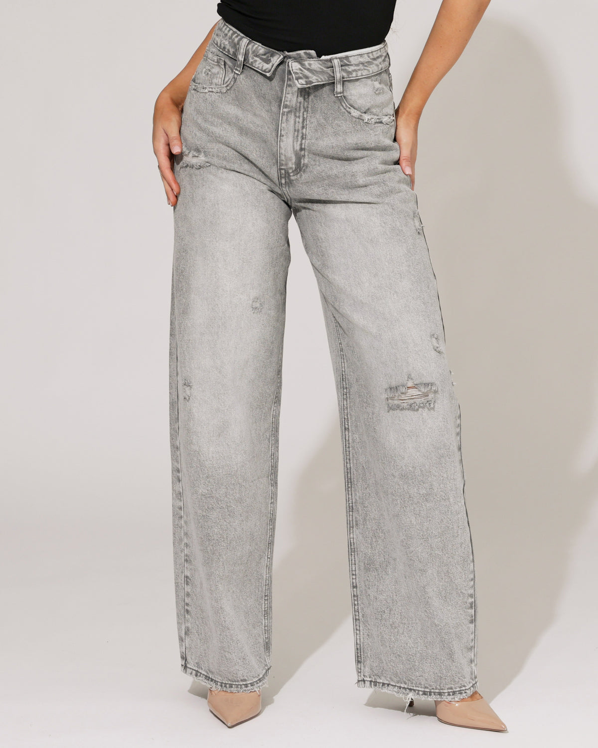 Queen Hearts Baggy wide leg jeans met omslag Deb-2 in grijs