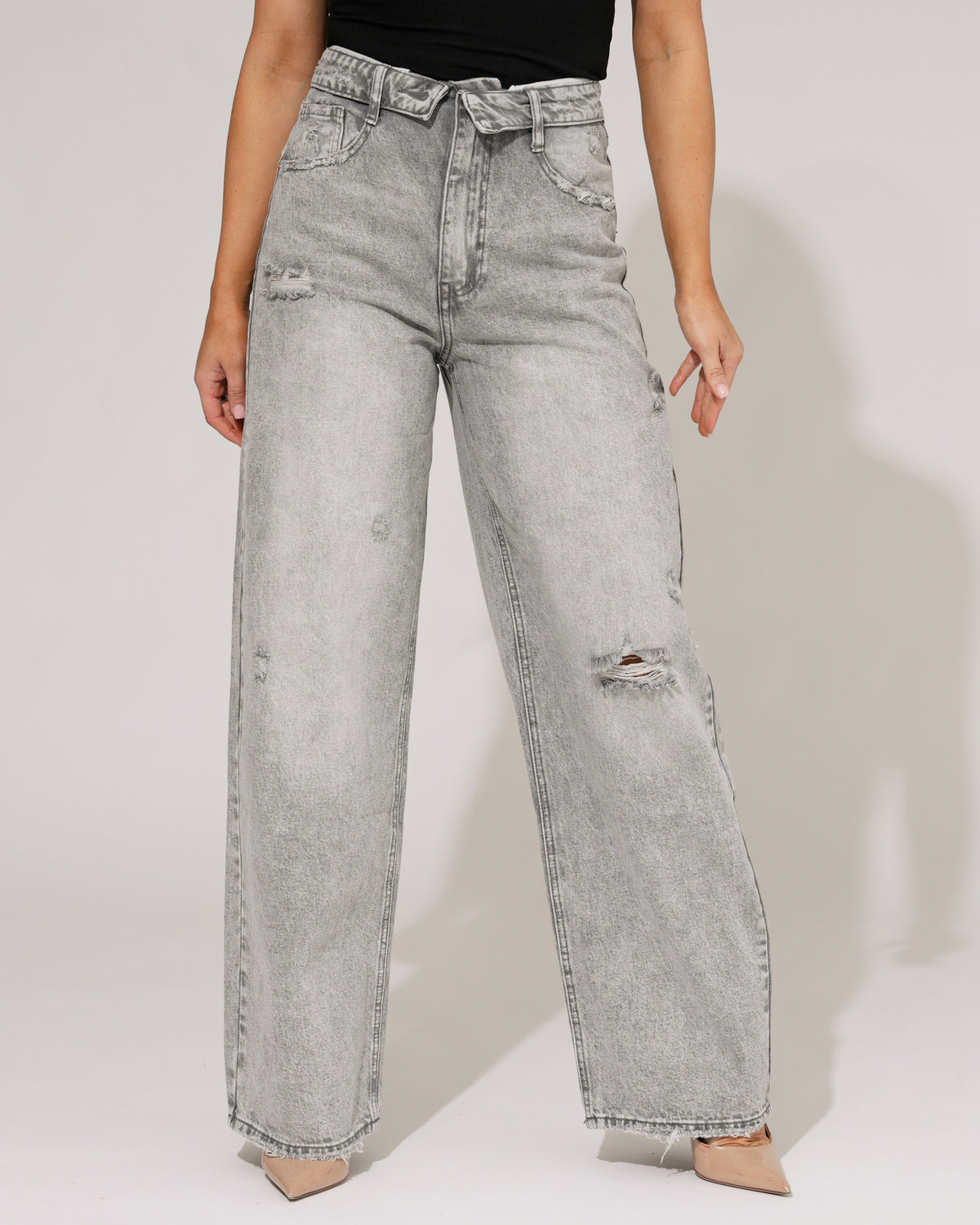 Queen Hearts Baggy wide leg jeans met omslag Deb-2 in grijs, extra aanzicht 3