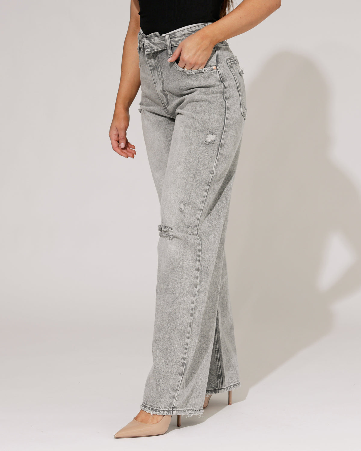 Queen Hearts Baggy wide leg jeans met omslag Deb-2 in grijs, extra aanzicht 4
