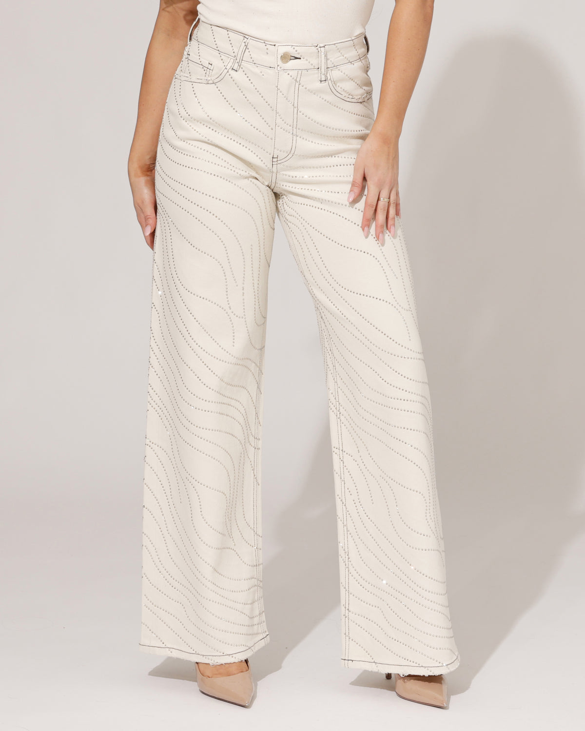 Queen Hearts Wide leg jeans strass Lore-K in beige