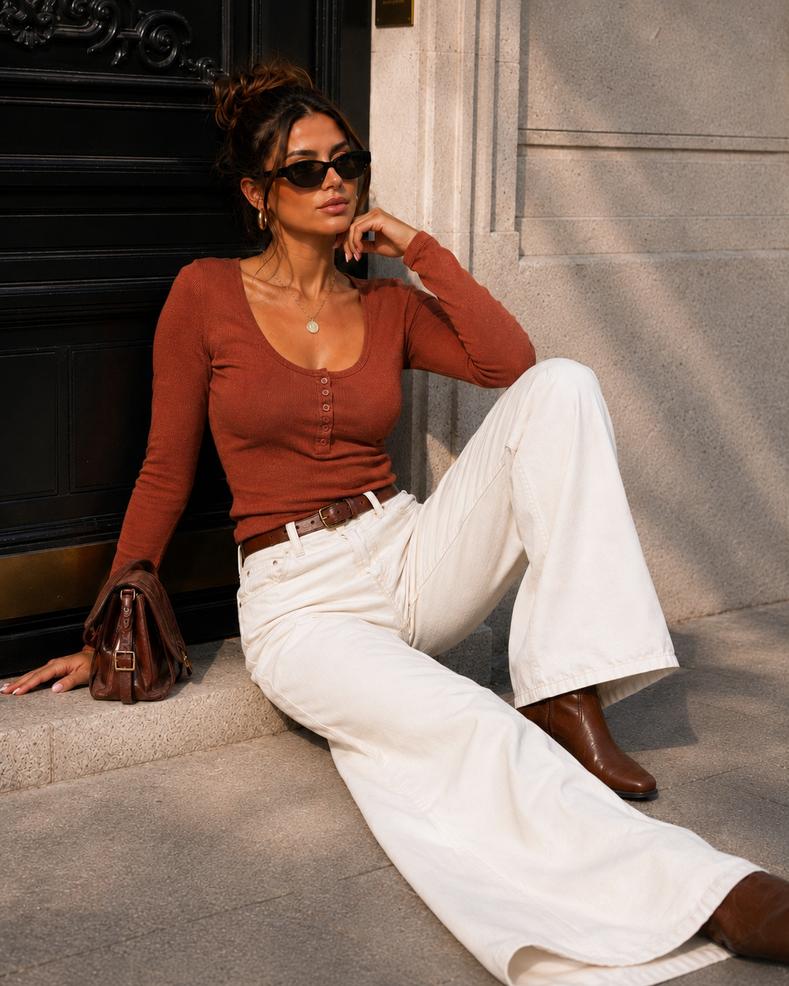 Ronde hals top knoopjes Fenna in camel