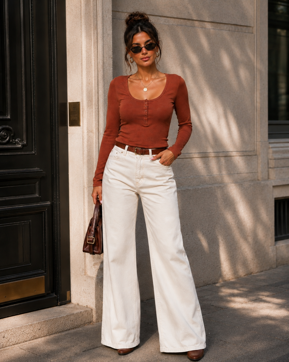 Ronde hals top knoopjes Fenna in camel, extra aanzicht 2