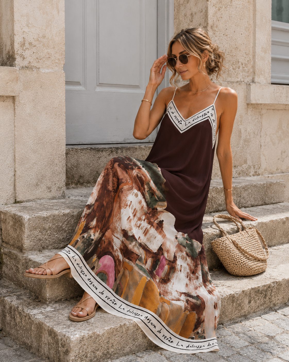 Lange jurk met print Eve Donkerbruin