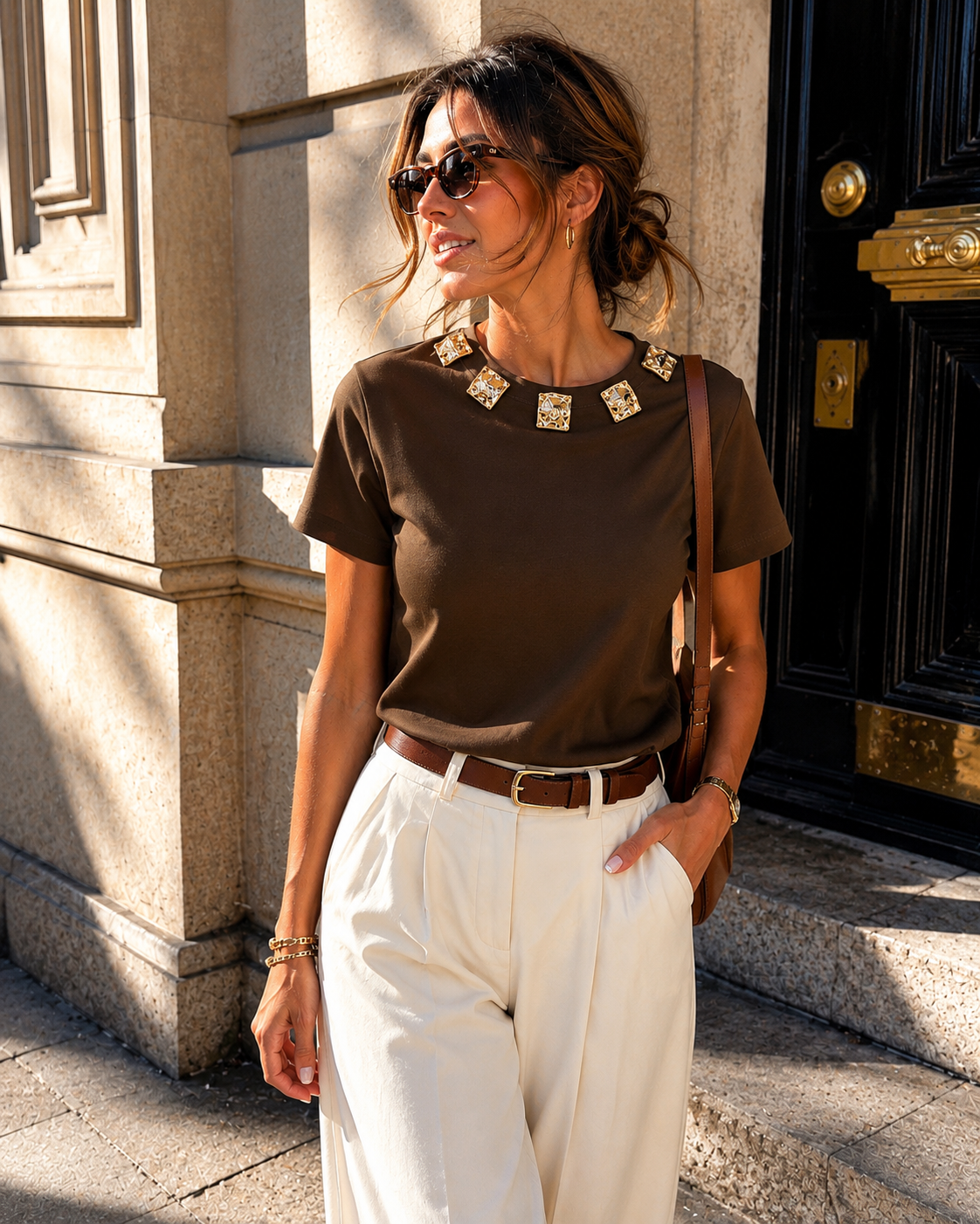 T-shirt met gouden ornamenten Bibi in bruin