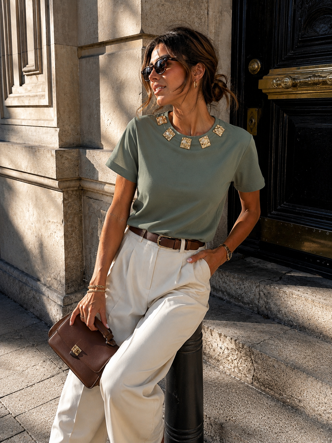 T-shirt met gouden ornamenten Bibi in donkergroen