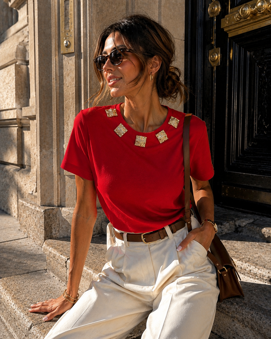 T-shirt met gouden ornamenten Bibi in rood, extra aanzicht 3