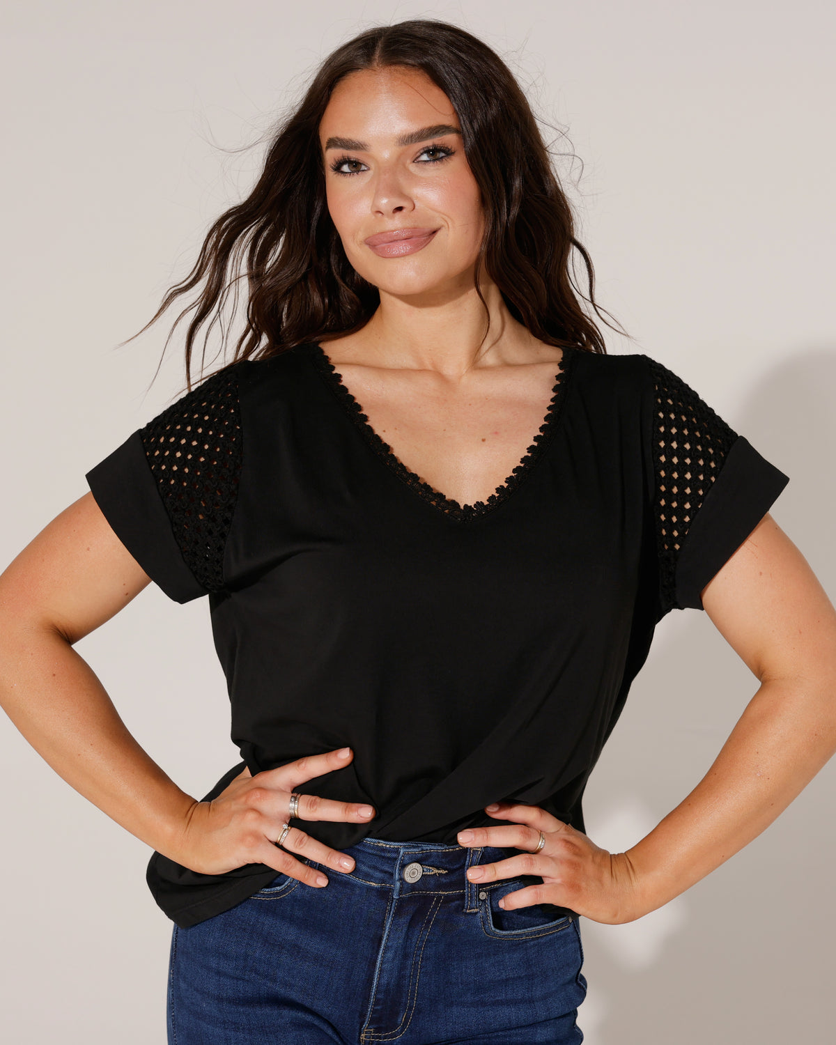 Top met gehaakte mouwdetail Kiki in zwart