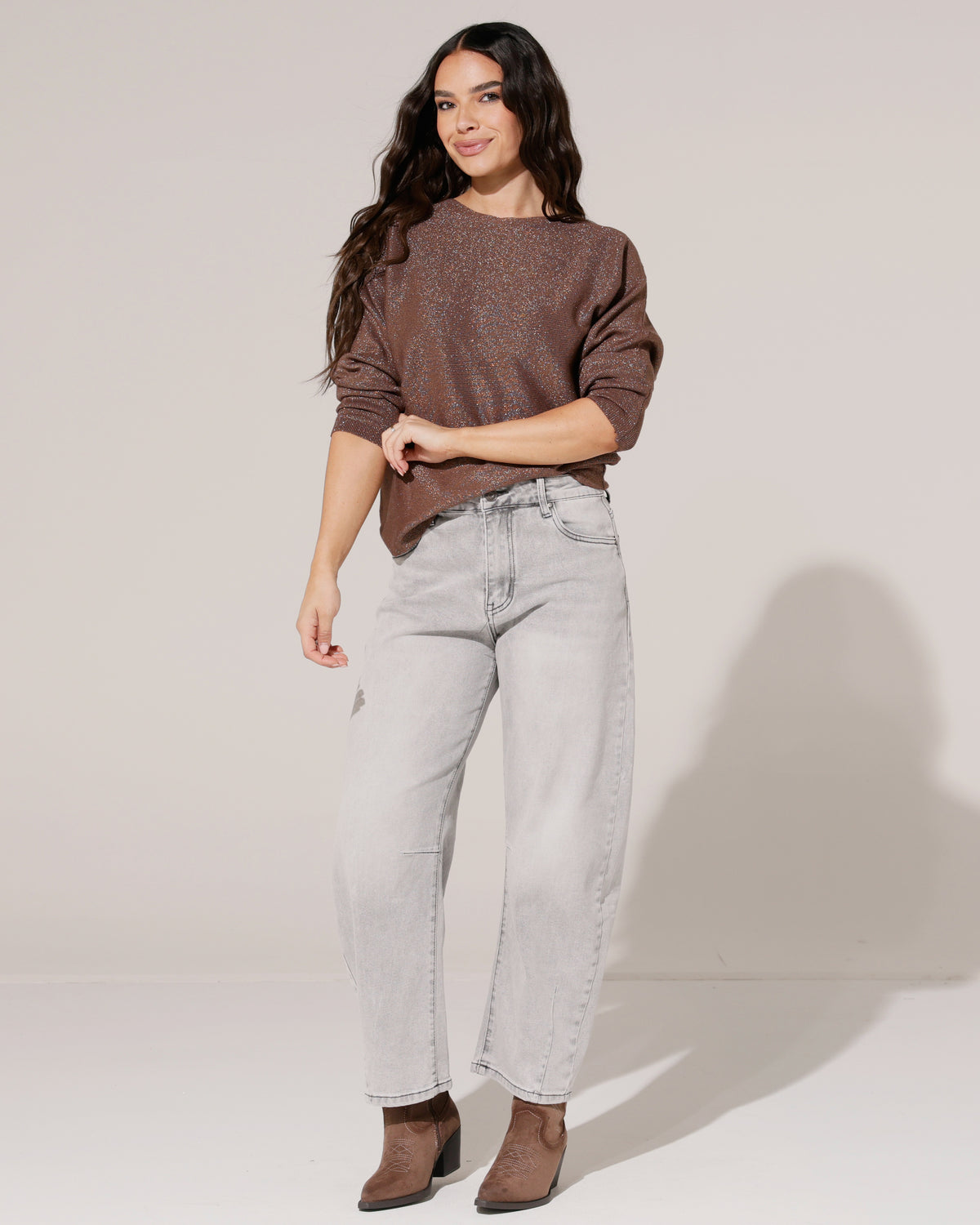 Top vleermuis mouwen en glitter Teddy in bruin, extra aanzicht 2