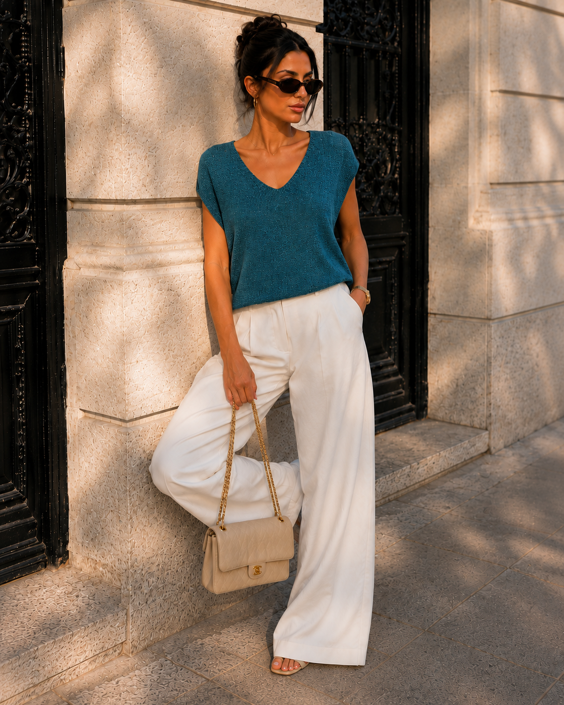 V-hals top met subtiele glitter Reny Petrol