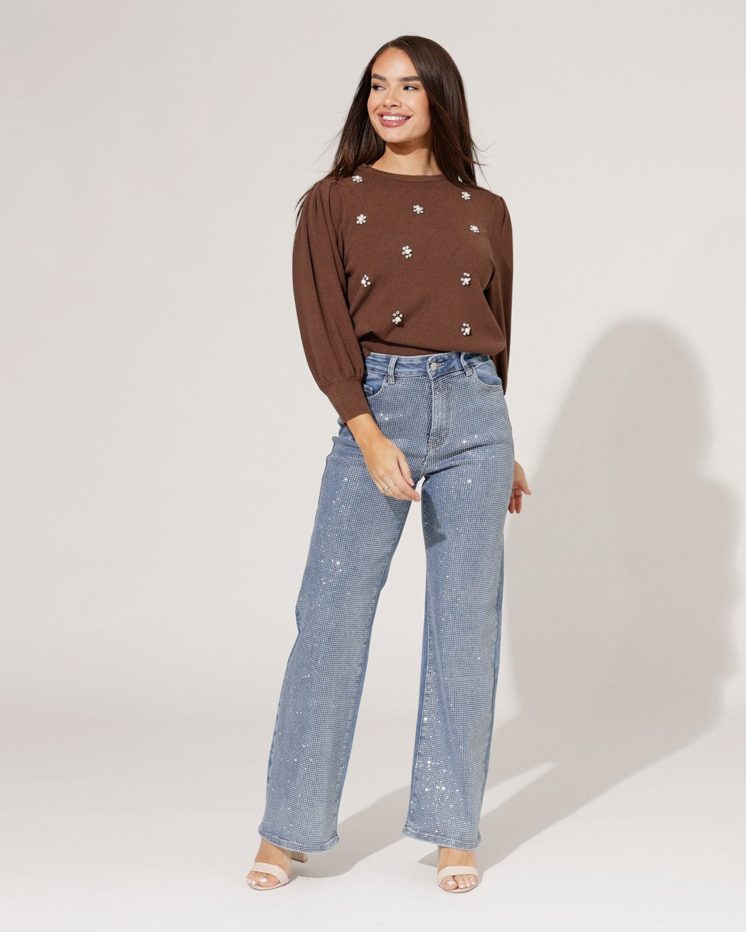 Hello Miss | Wide leg jeans, diamonds stretch Blauw