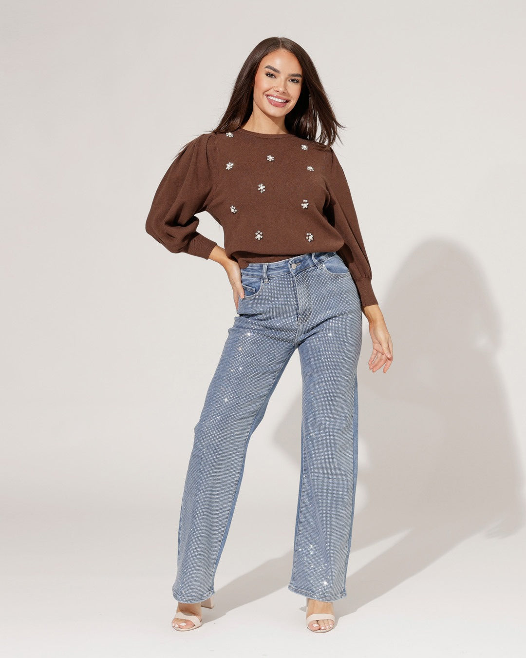 Hello Miss | Wide leg jeans, diamonds stretch Blauw