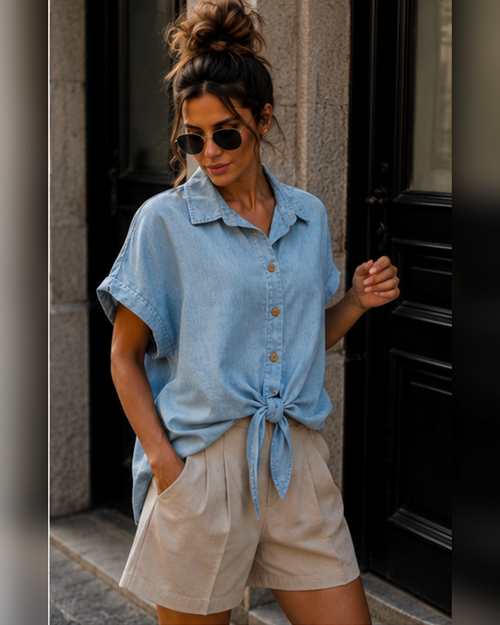 Denim look blouse korte mouwen Tess Blauw