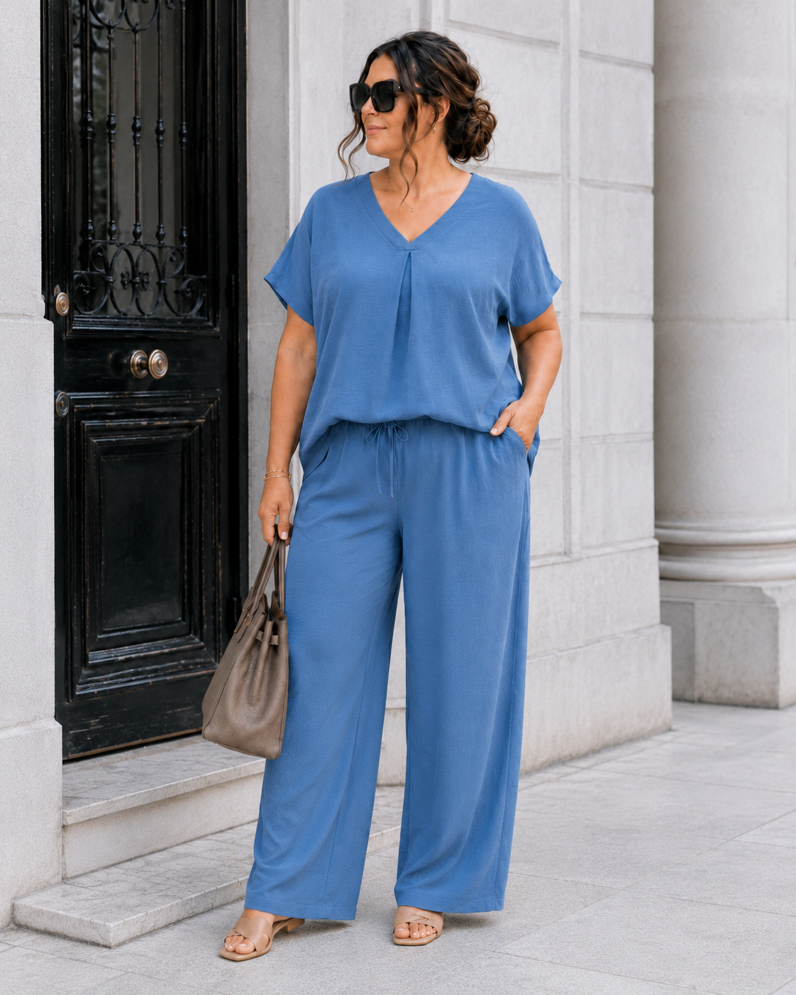 Wijde broek met elastiek Edith in blauw